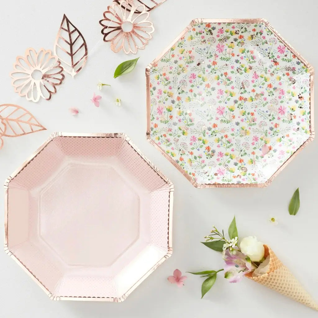 Pack of 8 Ditsy Rose Gold Floral Octagonal Paper Plates