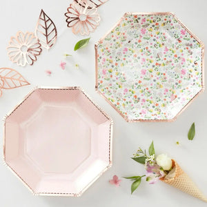 Pack of 8 Ditsy Rose Gold Floral Octagonal Paper Plates
