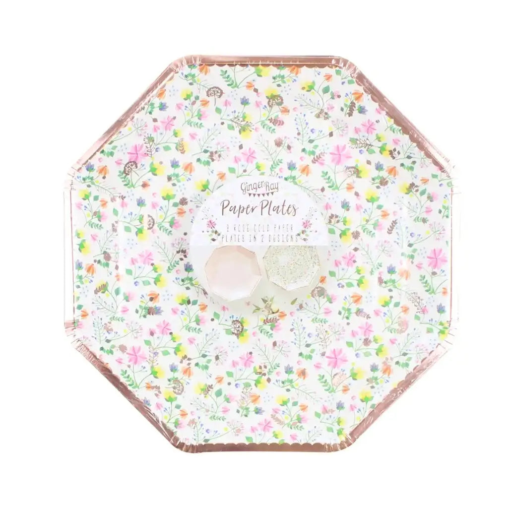 Pack of 8 Ditsy Rose Gold Floral Octagonal Paper Plates