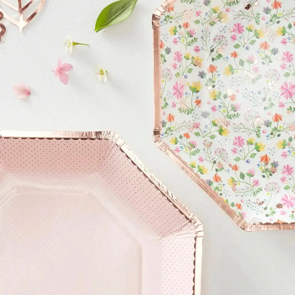 Pack of 8 Ditsy Rose Gold Floral Octagonal Paper Plates