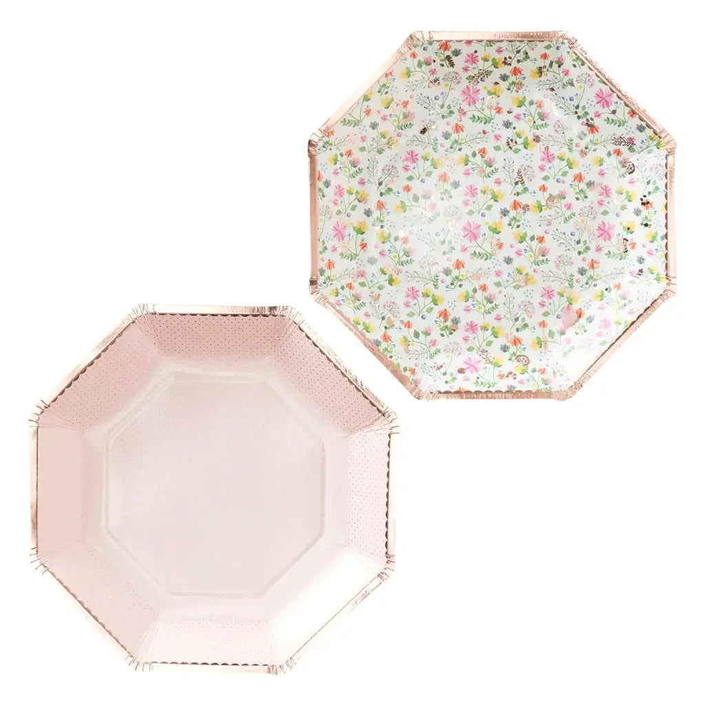 Pack of 8 Ditsy Rose Gold Floral Octagonal Paper Plates
