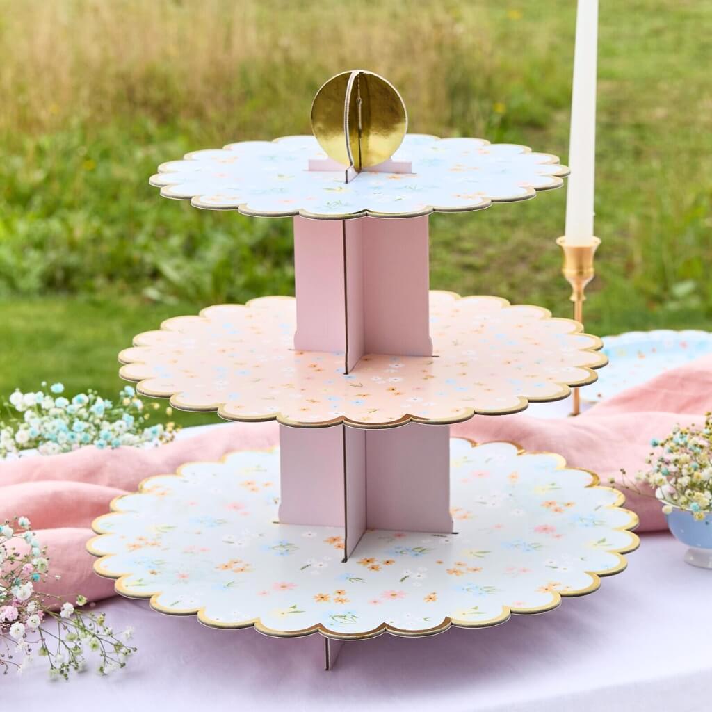Three-tier floral cake stand for tea party desserts and pastries