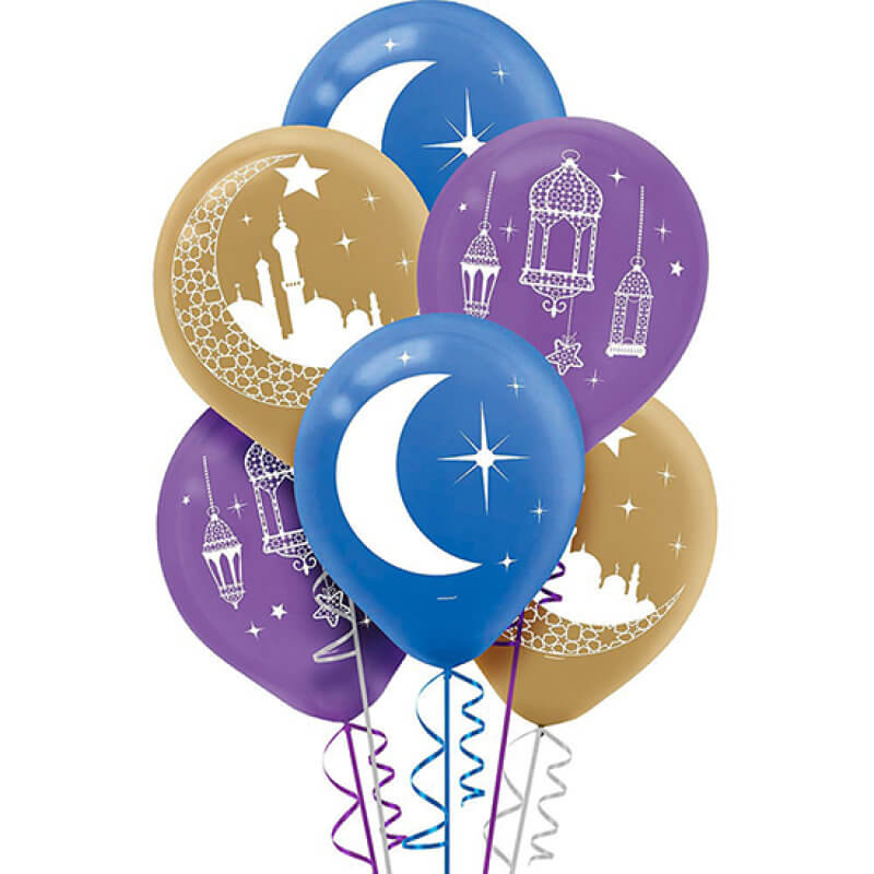 Amscan Diwali Moons, Stars, Mosque & Lantern printed Latex Balloon 30cm 15 Pack