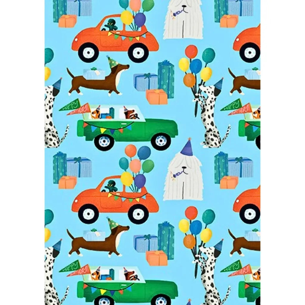 Dog birthday wrapping paper with cars and balloons