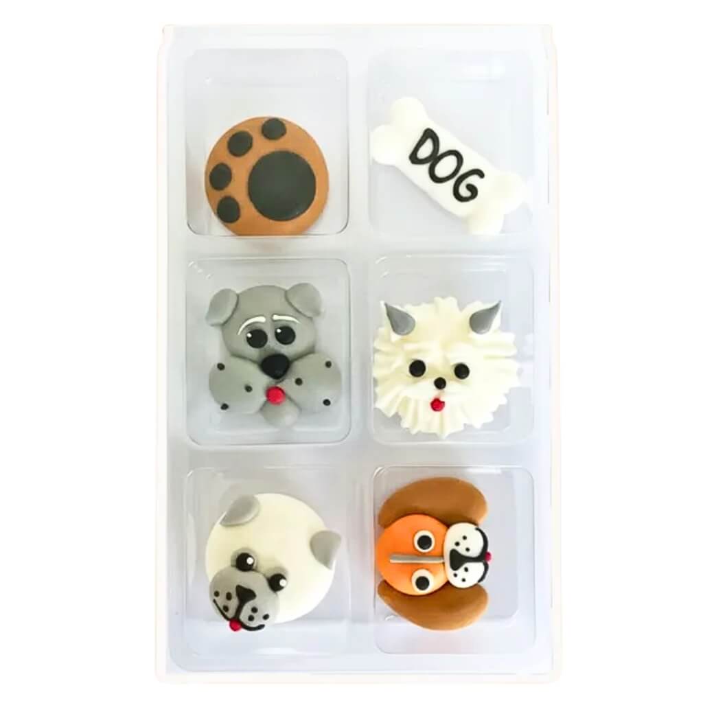 Assorted puppy-themed edible toppers for birthday cookies