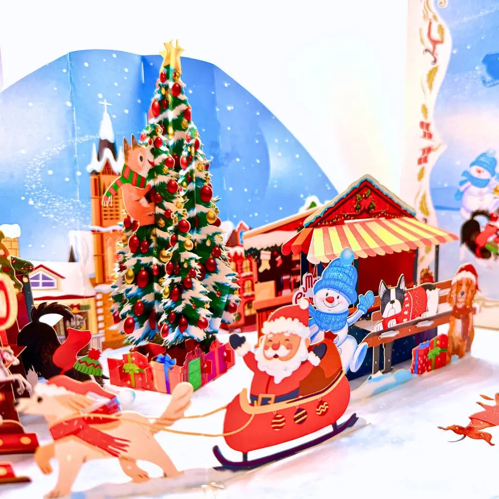 Dog-themed Christmas pop-up card with Santa and snowman