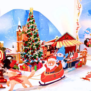 Dog-themed Christmas pop-up card with Santa and snowman