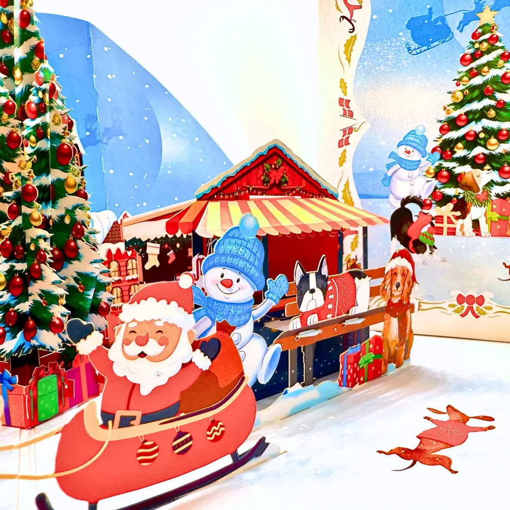 Festive winter amusement park pop-up card for dog lovers
