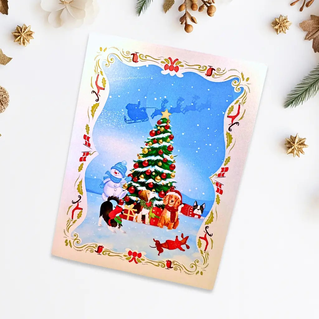 3D pop-up Christmas card featuring dogs in snowy amusement park cover