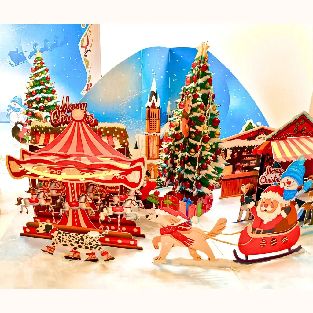 3D pop-up Christmas card featuring dogs in snowy amusement park