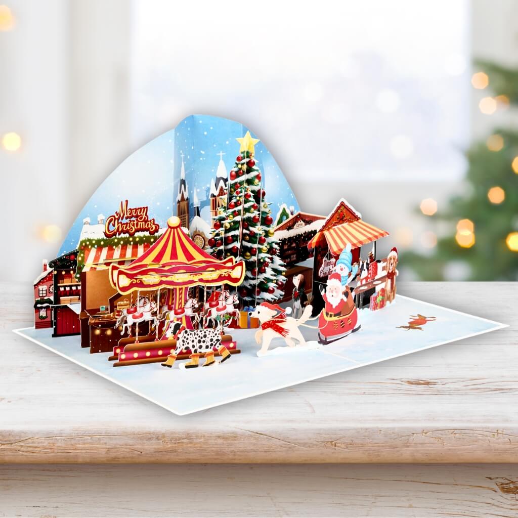 Dog World Snowy Village Winter Wonderland Amusement Park 3D Pop-Up Greeting Card