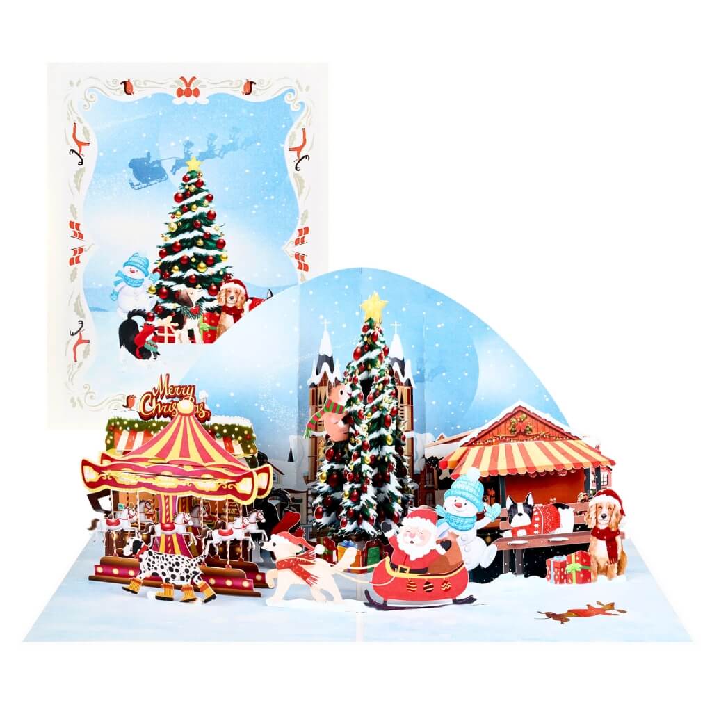 Dog World Snowy Village Winter Wonderland Amusement Park 3D Pop-Up Greeting Card