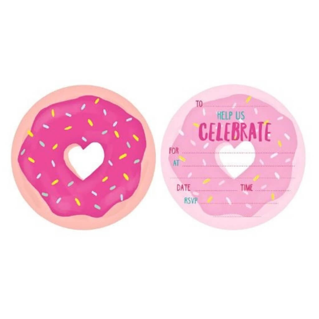 Donut party invitations featuring pink frosted donut design