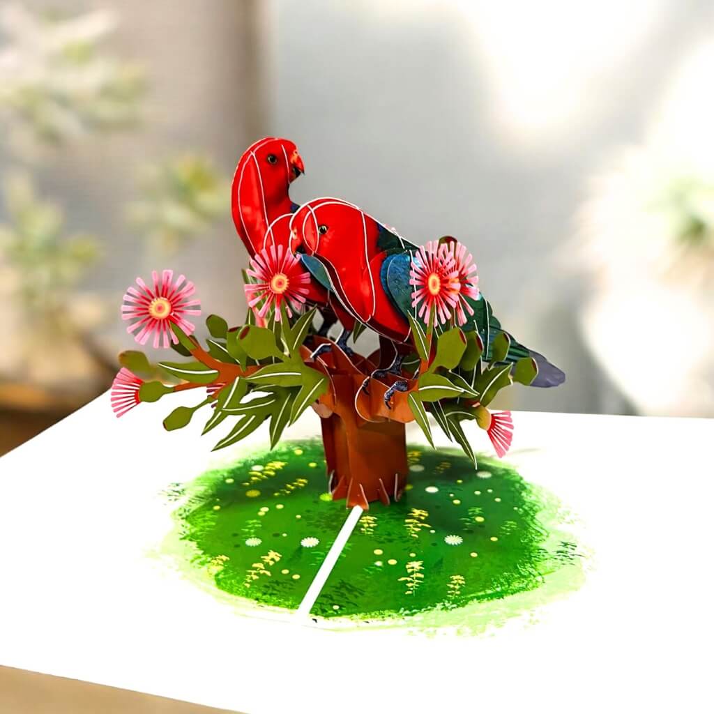 Australian King Parrot Couple On Pink Gum Blossom 3D Card