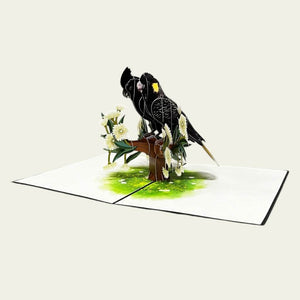 Handmade Yellow Tailed &amp; Red Tailed Black Cockatoo On Gold Gum Blossom 3D Origami Pop Up Native Bird Greeting Card