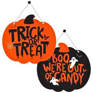 Double-sided pumpkin Halloween door sign with two reversible messages