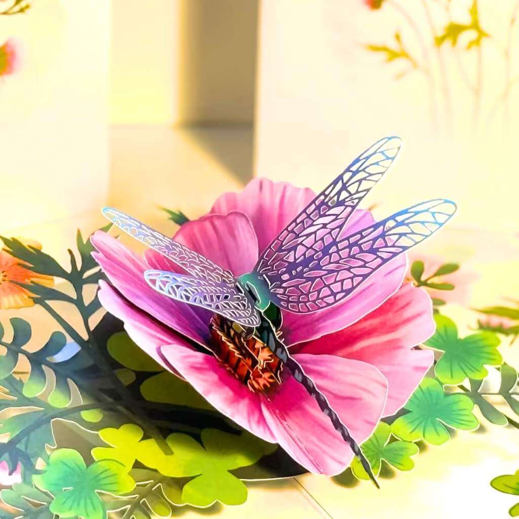 Dragonfly Attracting Cosmos Flowers 3D Pop Up Greeting Card
