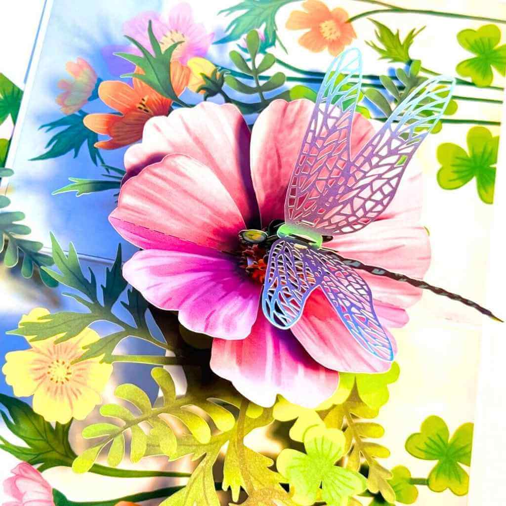 Dragonfly Attracting Cosmos Flowers 3D Pop Up Greeting Card