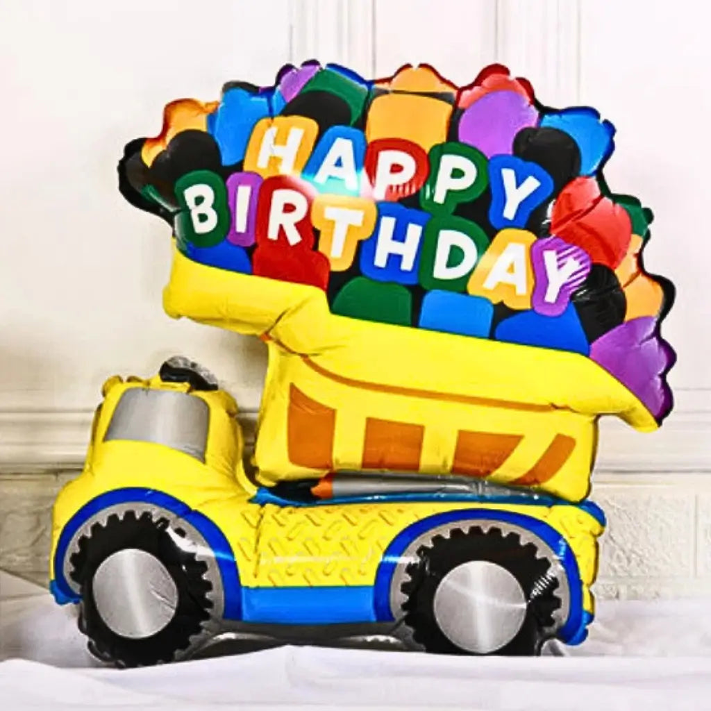 Yellow happy birthday dumper truck balloon for construction party