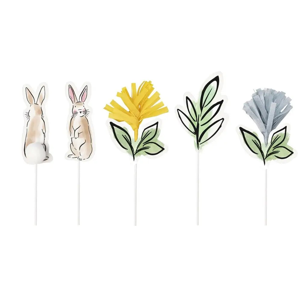 Assorted Easter bunny and flower cake toppers for desserts 5 pack
