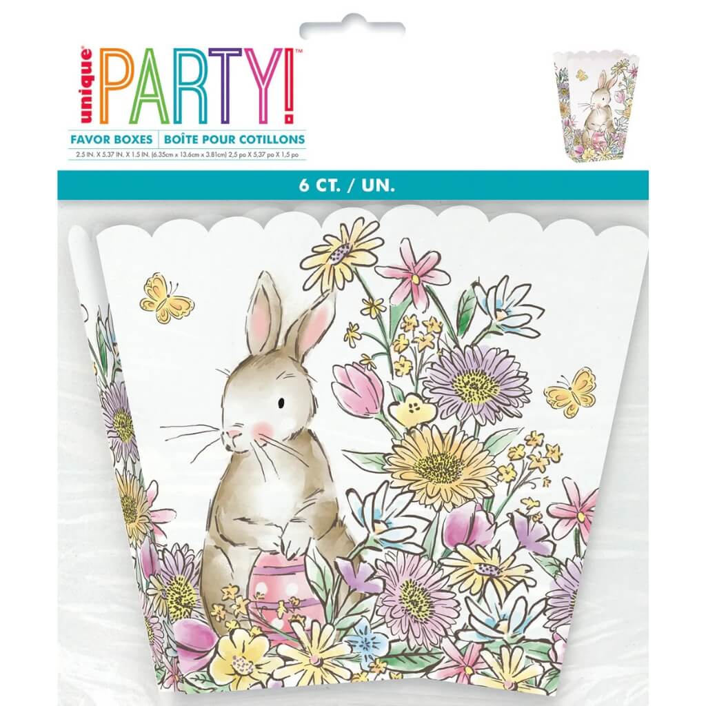 Pack of 6 Easter Whimsy Mini Lolly/Treat Boxes. Bunny rabbit and floral design boxes, ideal for party gifts.