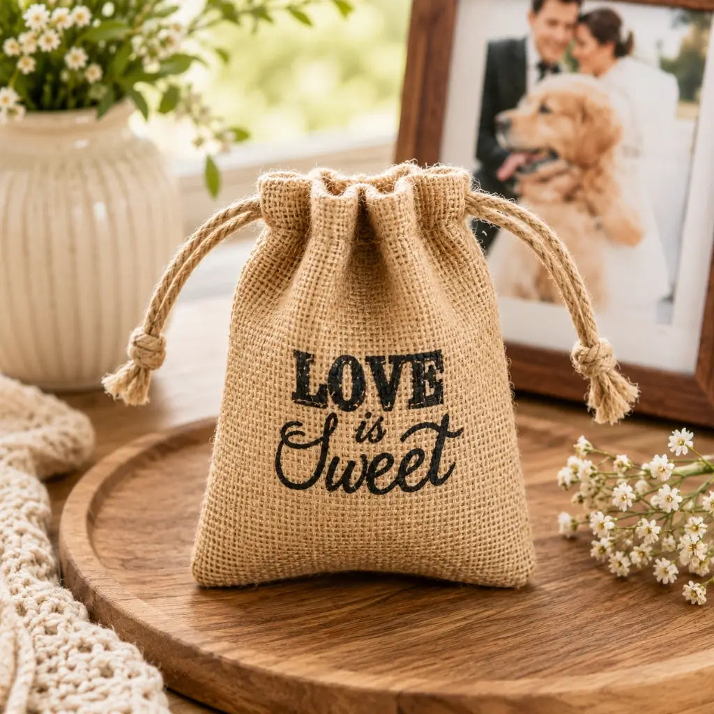Drawstring jute bag for party favours love is sweet
