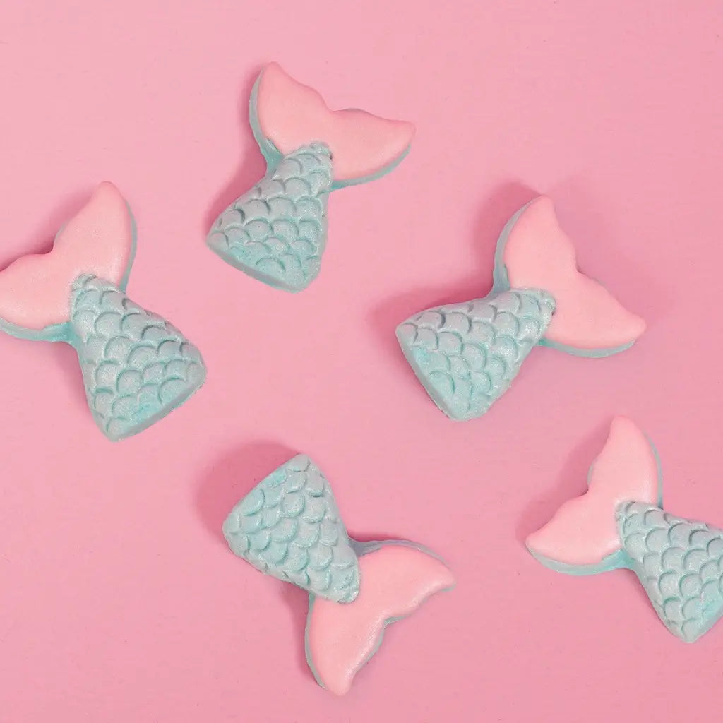 Eight pink and aqua mermaid cupcake toppers with textured scales