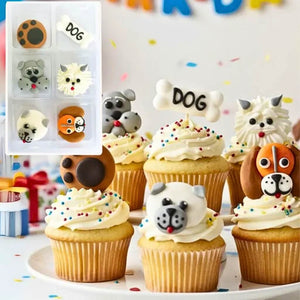 6-piece pack of edible dog-themed sugar decorations for cupcakes