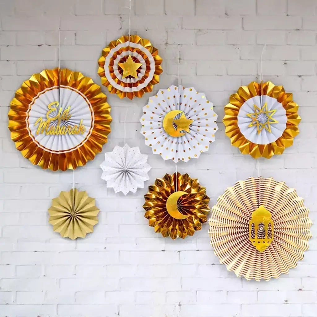 Eid Mubarak Gold White Paper Fan Set 8pk
