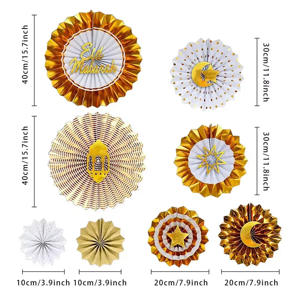 Eid Mubarak Gold White Paper Fan Set 8pk