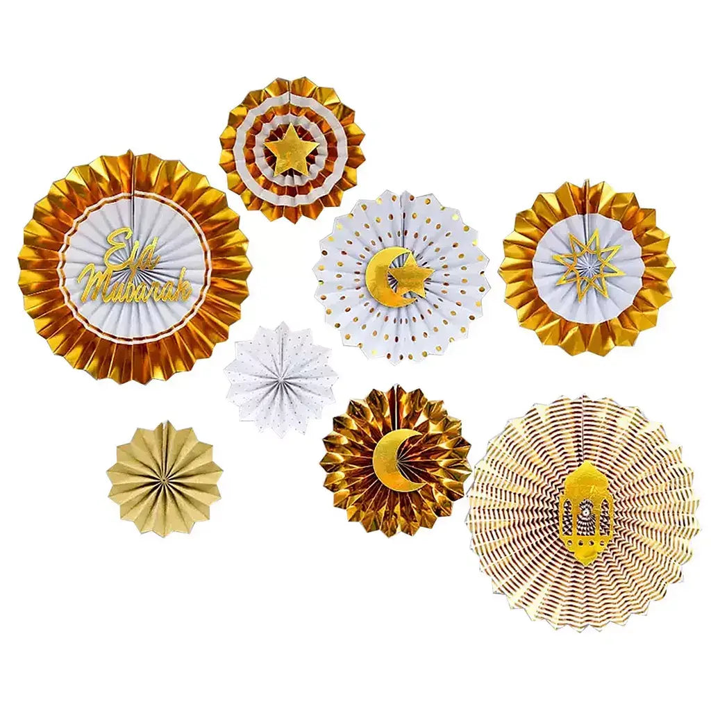 Eid Mubarak Gold White Paper Fan Set 8pk