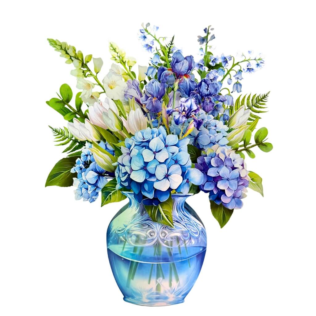 Elegant Blue Hydrangea 3D Pop-Up Flower Bouquet in Glass-Effect Vase