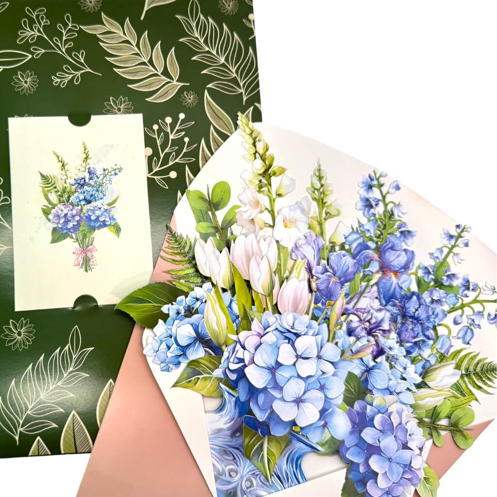 Elegant Blue Hydrangea 3D Pop-Up Flower Bouquet in Glass-Effect Vase