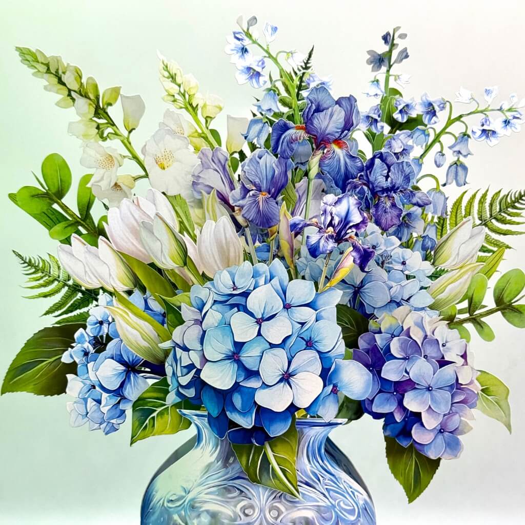Elegant Blue Hydrangea 3D Pop-Up Flower Bouquet in Glass-Effect Vase