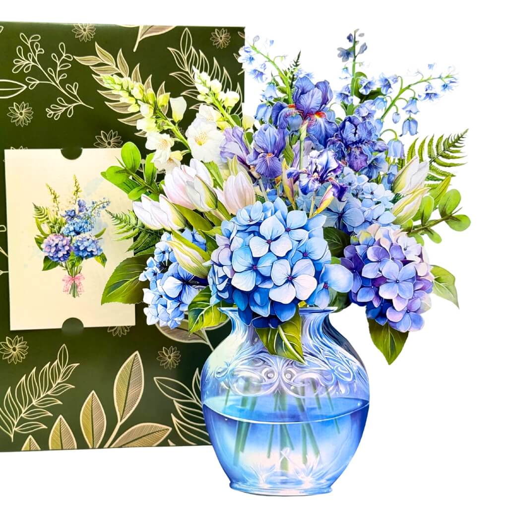 Elegant Blue Hydrangea 3D Pop-Up Flower Bouquet in Glass-Effect Vase