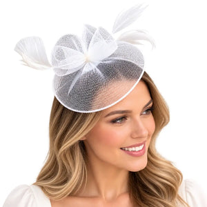 Elegant white fascinator with layered mesh loops for race-day styling
