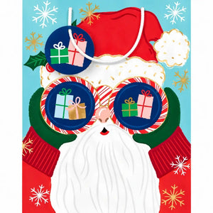 Santa Christmas present bag featuring candy-striped binoculars