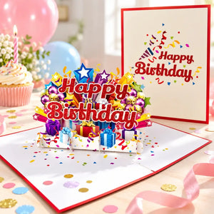 Luxury Red Glitter Happy Birthday with Presents Pop Up Card