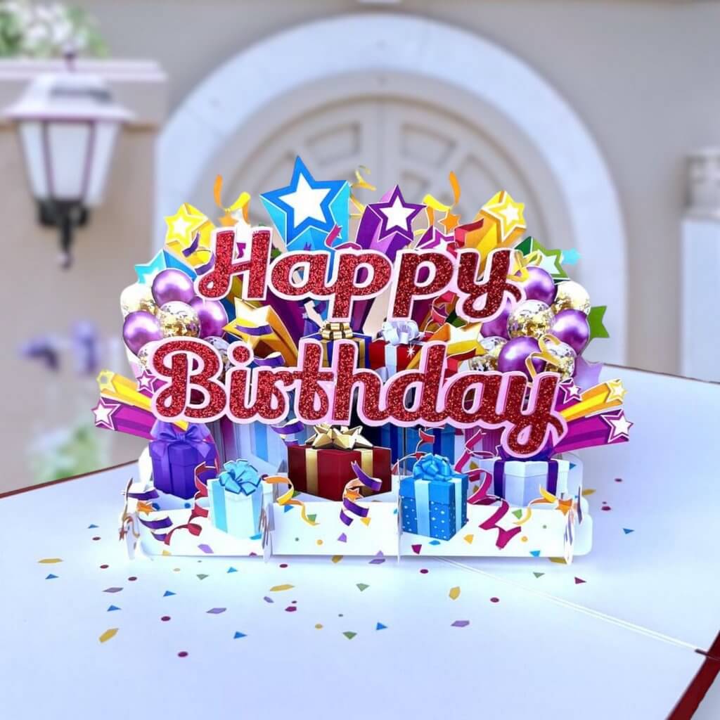 Luxury Red Glitter Happy Birthday with Presents Pop Up Card