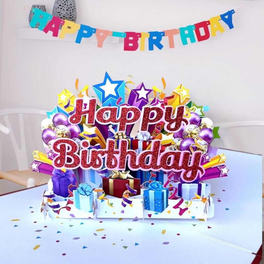 Luxury Red Glitter Happy Birthday with Presents Pop Up Card