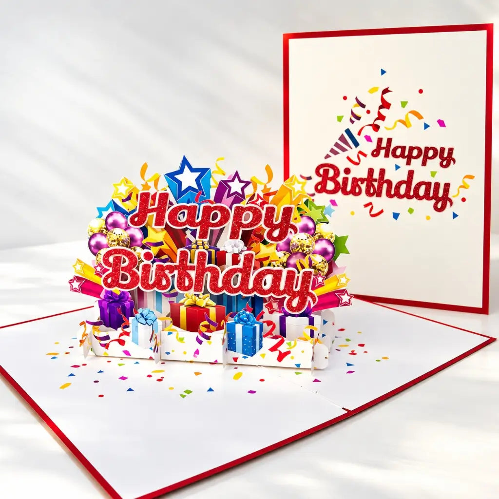 Luxury Red Glitter Happy Birthday with Presents Pop Up Card