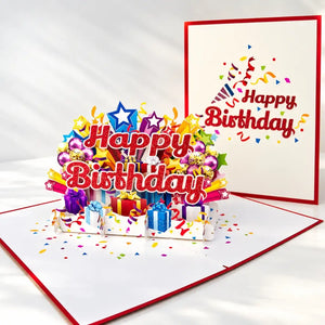 Luxury Red Glitter Happy Birthday with Presents Pop Up Card