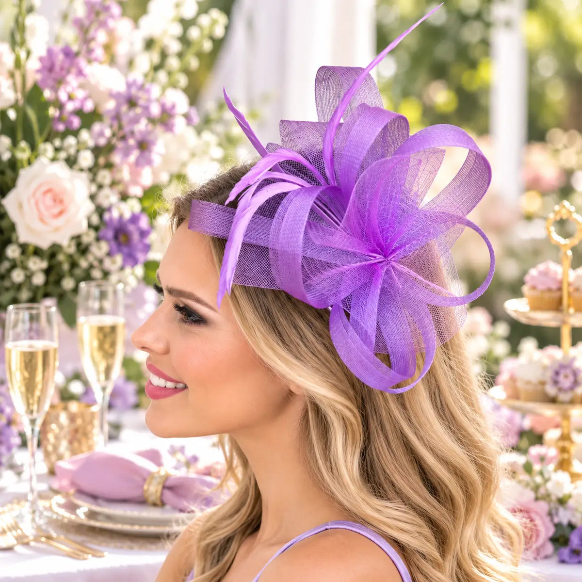  Purple race-day fascinator featuring sweeping mesh ribbon loops