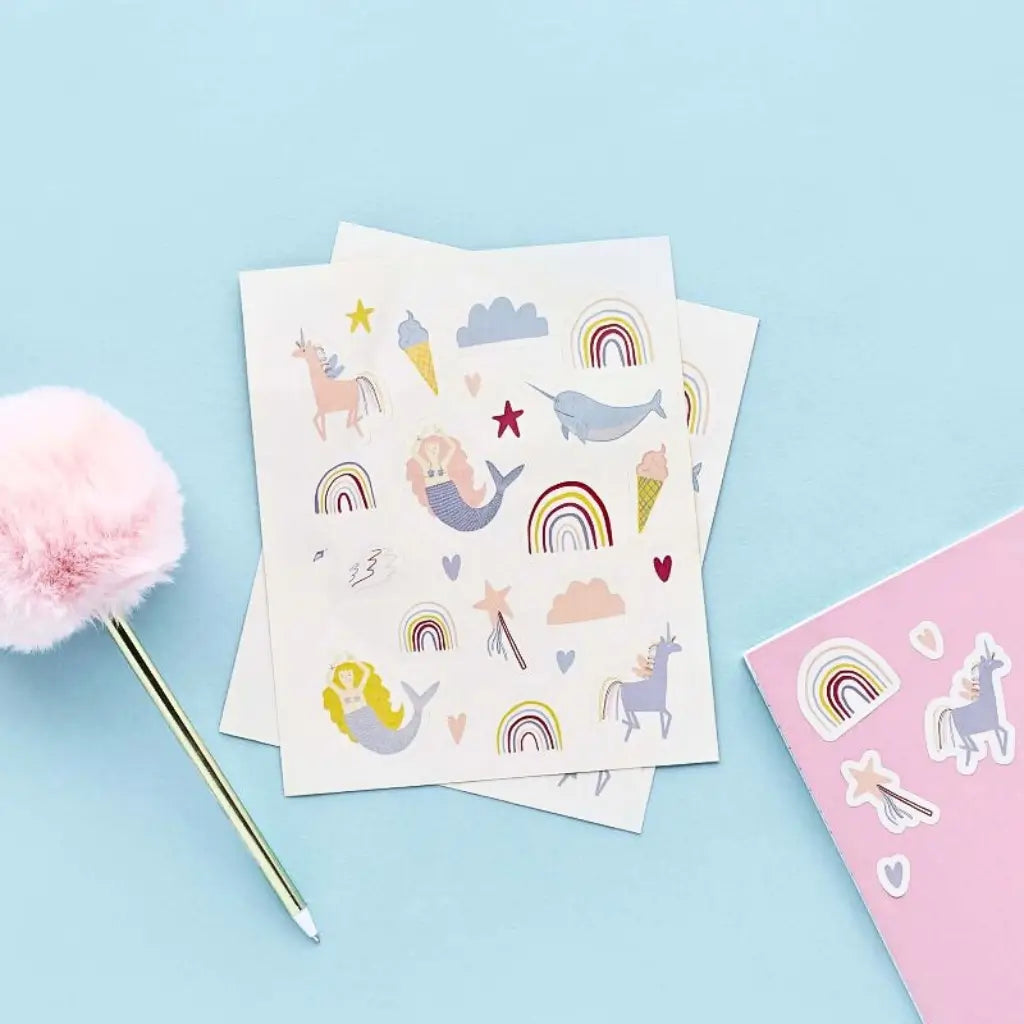Enchanted Rainbow Sticker Sheets pack of 2 featuring unicorns, mermaids and rainbows
