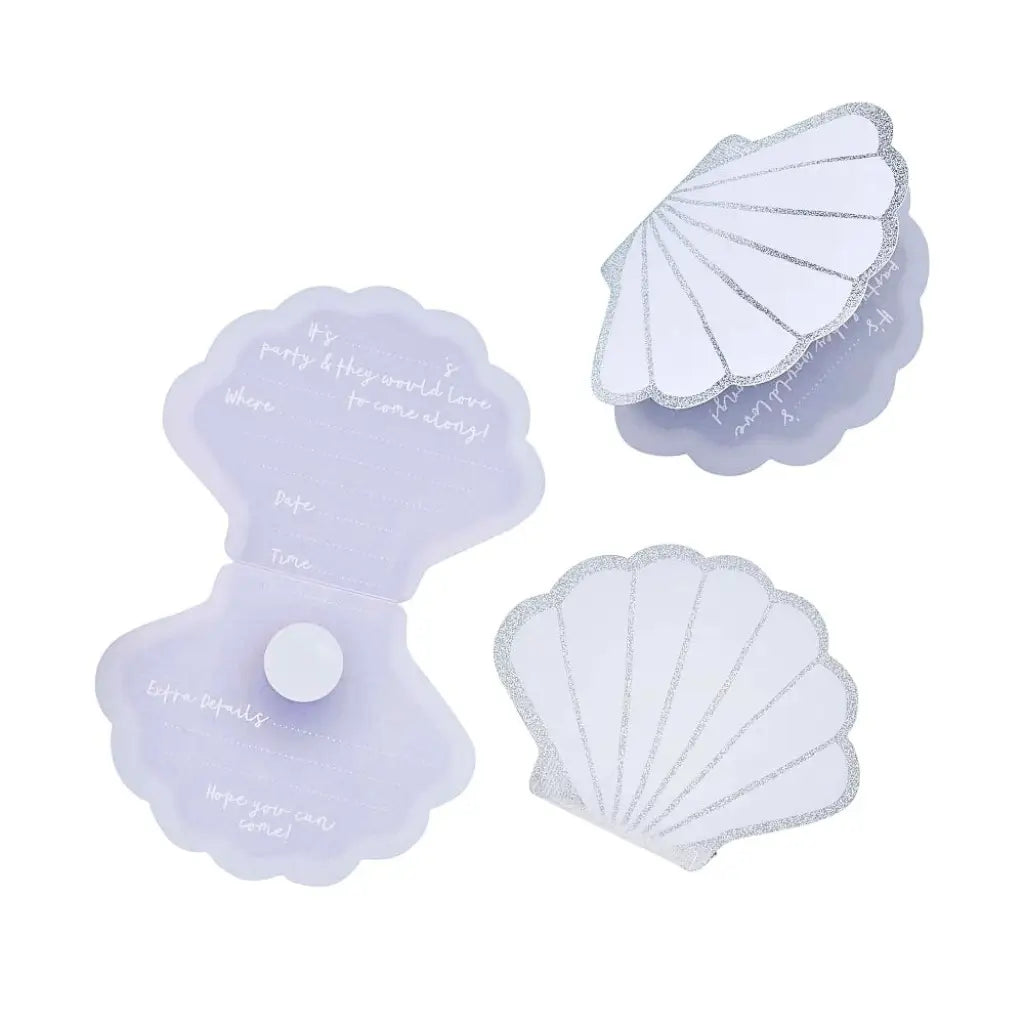 Pack of 10 iridescent shell party invitations for mermaid and under-the-sea birthdays