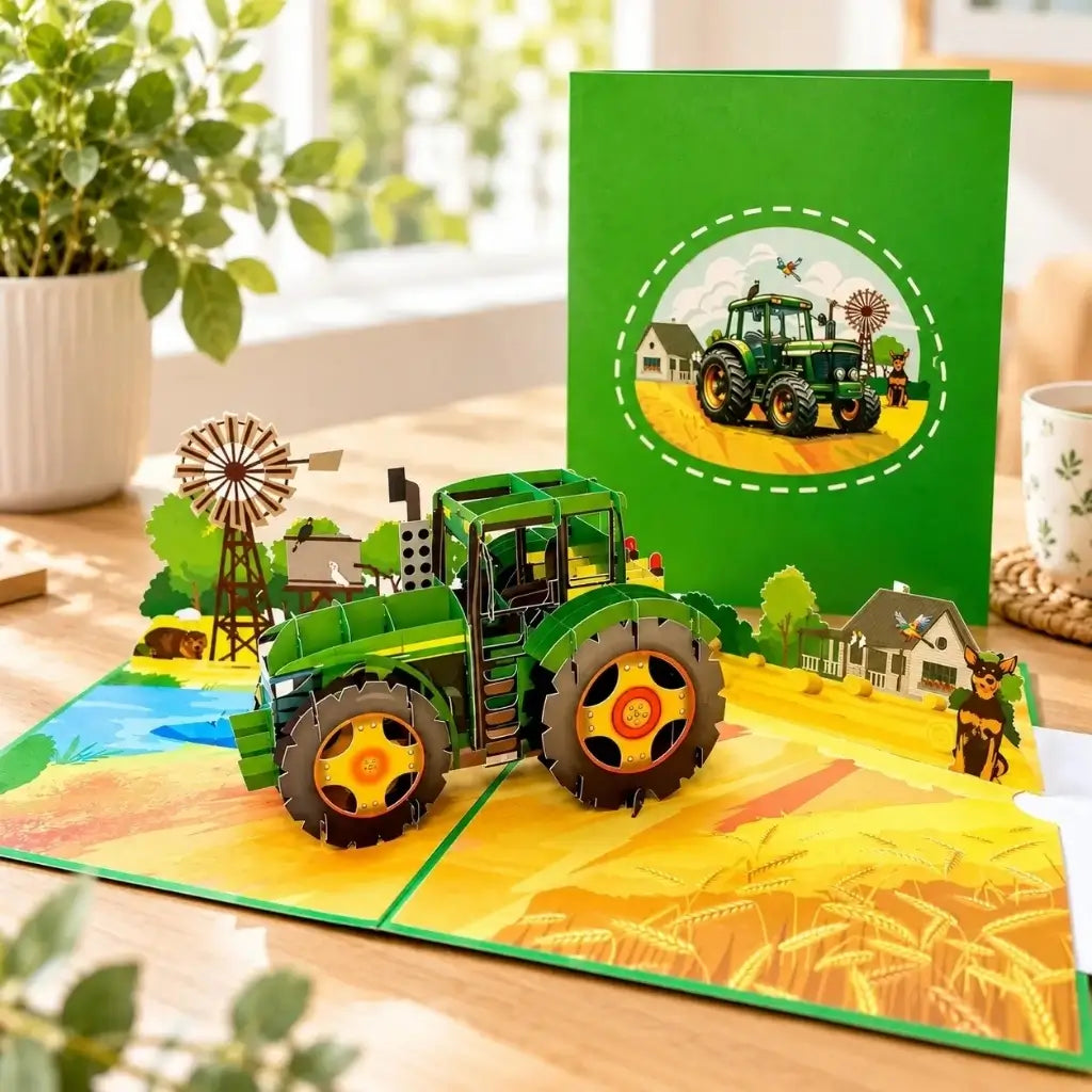 Handcrafted green tractor pop-up card for farmers and tractor lovers