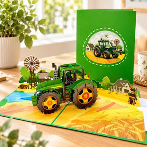 Handcrafted green tractor pop-up card for farmers and tractor lovers