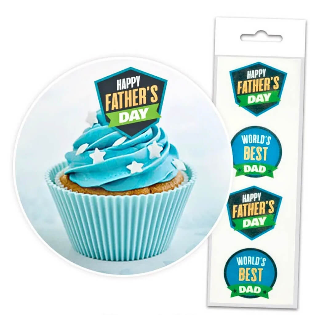 Father's Day edible wafer cupcake toppers featuring Happy Father's Day and World's Best Dad designs for decorating cupcakes, cakes, cookies and festive desserts.