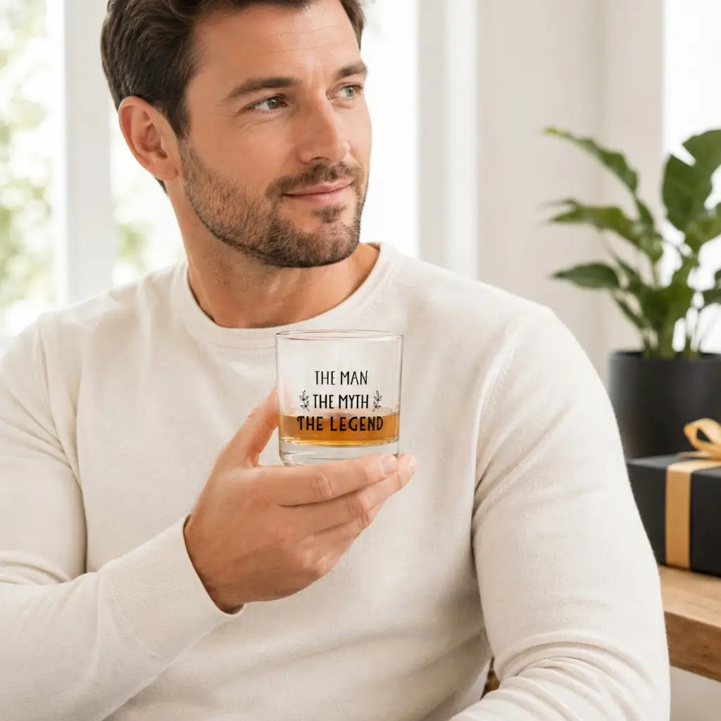 Clear lowball whiskey glass with legend design