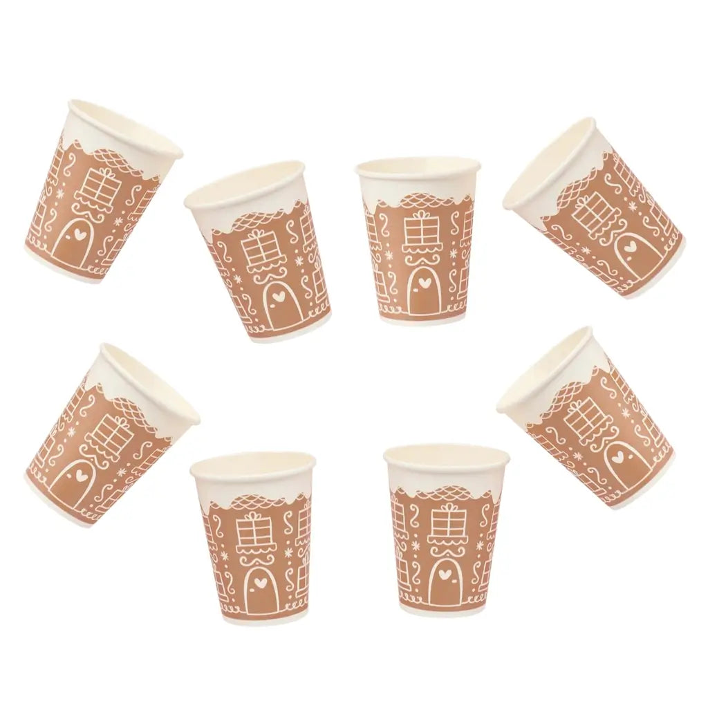 Pack of 8 Gingerbread House Paper Cups – festive Christmas party drinkware